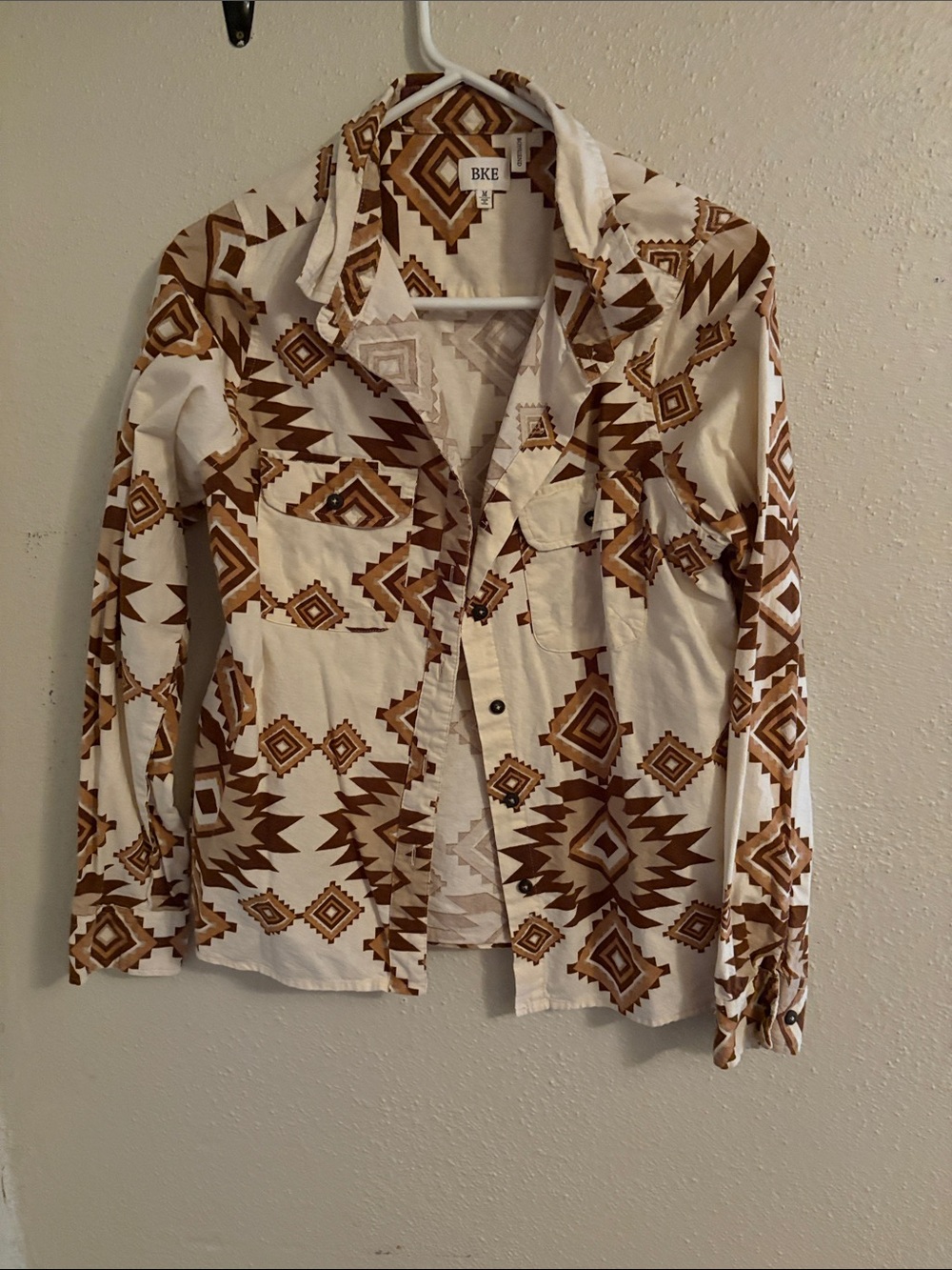 BKE Cream and Brown Aztec-Print Button-Up Blouse